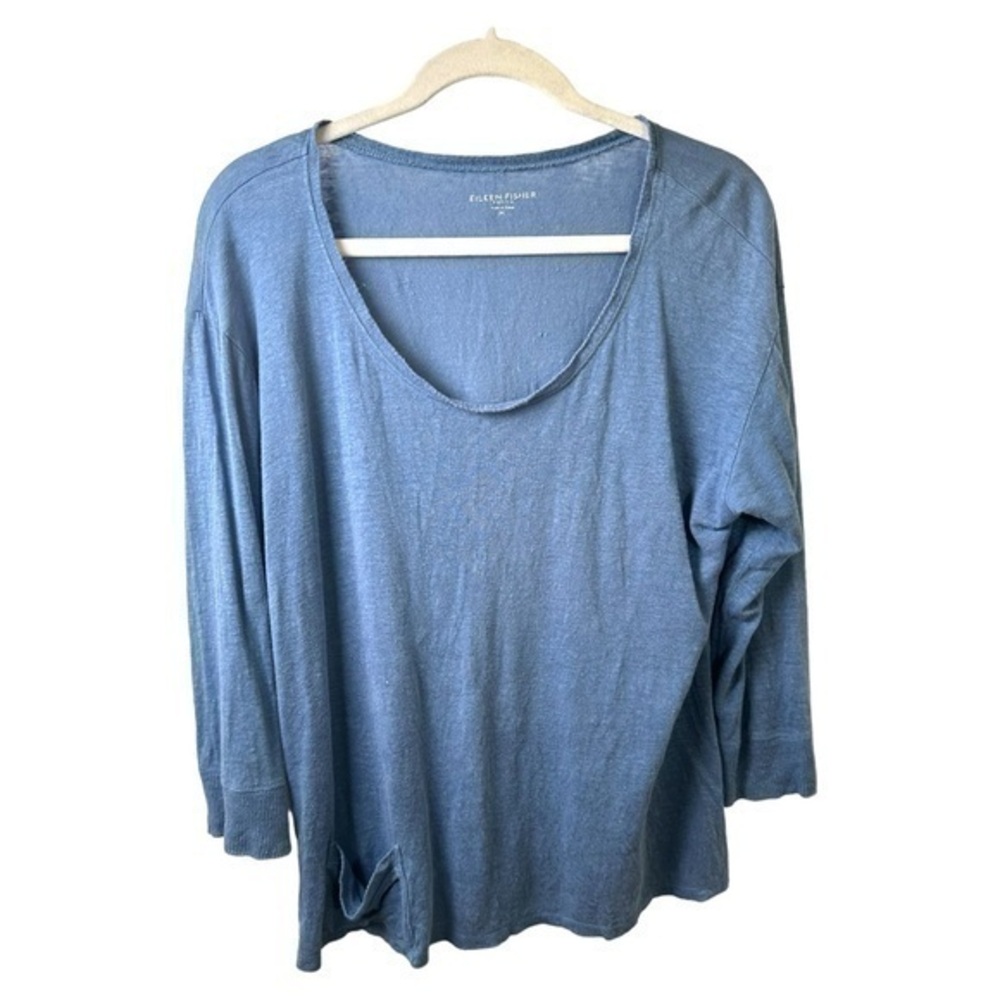 Eileen Fisher Shirt Womens L Petite Linen 3/4 Sleeve Pocket Round Neck Coastal
